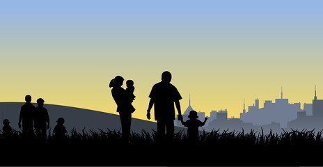 Fototapeta na wymiar Young people with children on their way to the city vector illustration