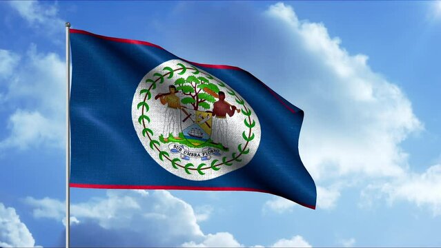 Flag of Belize. Motion. A blue flag in animation against a blue sky background.