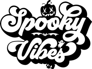 Text 'spooky vibes' with Halloween themed doodles isolated on a white background