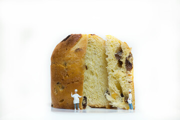 Miniature cooks with an Italian Christmas biscuit called panettone isolated on white background.