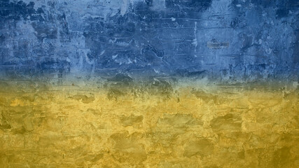 Blue and yellow stone wall resembling Ukrainian flag. Copy space.