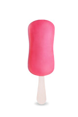 Vanilla ice cream with pink chocolate glaze on a stick on a white isolated background