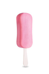 Vanilla ice cream with pink chocolate glaze on a stick on a white isolated background