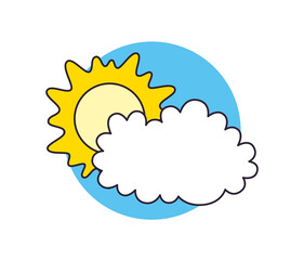 Sun and cloud cartoon vector icon, spring and summer sunny or overcast cloudy day weather forecast illustration.