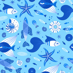 Vector seamless pattern with underwater world. Hand-drawn fish. Marine life. Blue repeating background. It can be used for clothes, T-shirts, swimwear, wrapping, wallpaper