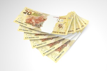 3d Money notes of 20 reais, 20 reais and 20 reais from brazil in wood background. Money from brazil. earn money. Real, Currency, Dinheiro, Reais, Brasil. Money banknotes 3d illustration.