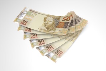 3d Money notes of 50 reais, 50 reais and 50 reais from brazil in wood background. Money from brazil. earn money. Real, Currency, Dinheiro, Reais, Brasil. Money banknotes 3d illustration.