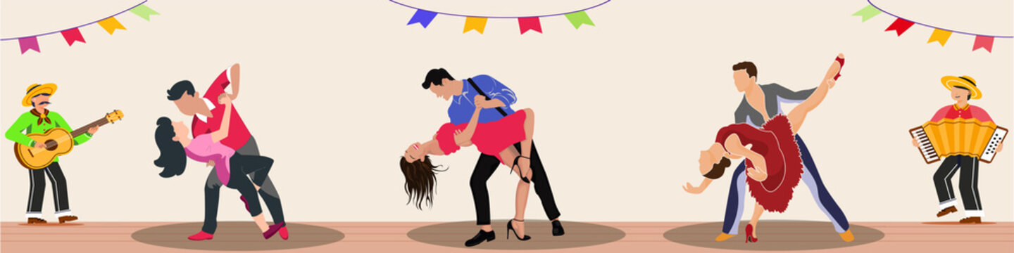 Professional dancers performing dance tango and rumba on the stage with two musicians. Cartoon vector illustration.