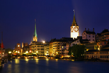 Fototapeta na wymiar Embankment of Limmat river in Zurich. Switzerland