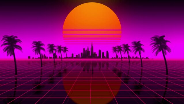 3d Synthwave background. Retrowave neon landscape of the city and sunset at car speed. 80s, 90s, cyberpunk and pc gaming aesthetics concept.