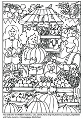 Farmers market. Autumn. Find and coloring Hidden Objects. Farmer selling organic fruits and vegetables. Fresh food. Street marketplace stall, people in local street fair. Puzzle game. Colouring book 