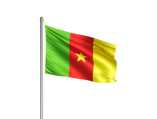 Fototapeta na wymiar Cameroon national flag waving in isolated white background. Cameroon flag. 3D illustration