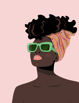 Vertical 2D illustration of a beautiful Black lady wearing green sunglasses on a pink background