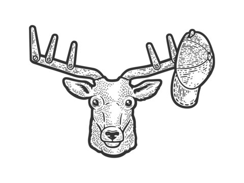 Hat on deer head with horns clothes hanger sketch engraving vector illustration. T-shirt apparel print design. Scratch board imitation. Black and white hand drawn image.