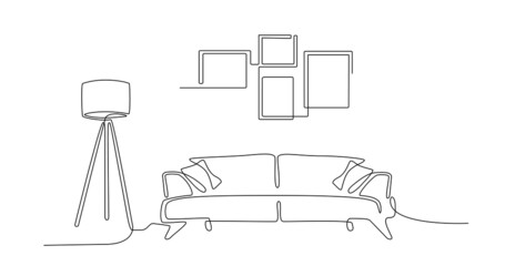 Continuous line interior with sofa, plant, lamp and frames for photo. One line drawing of Living room with modern furniture editable stroke. Single line. Handdraw contour. Flower in pot. Doodle vector