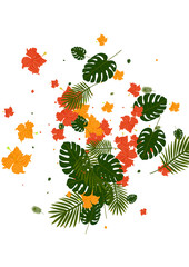 Fototapeta na wymiar Yellow Hibiscus Background White Vector. Tree Jungle Texture. Orange Plant. Paradise Design. Light Green Miami Pattern.