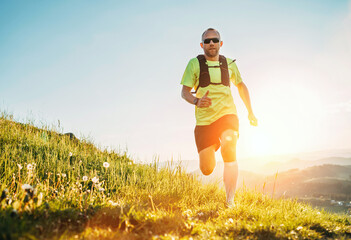 Active mountain trail runner dressed bright t-shirt with backpack in sport sunglasses running...
