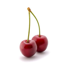 Photo of red cherries with tails isolated on white background