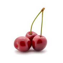 Photo of red cherries with tails isolated on white background