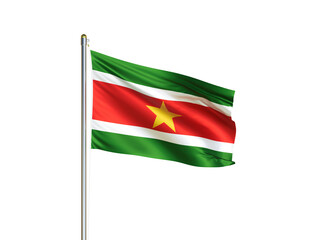 Suriname national flag waving in isolated white background. Suriname flag. 3D illustration