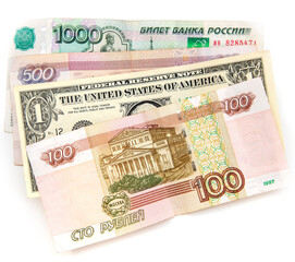 Fototapeta na wymiar One hundred Russian rubles and 1 US dollar