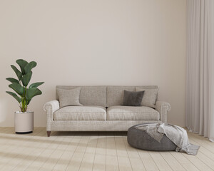 Stylish room in light color with sofa. Scandinavian interior design. 3D render