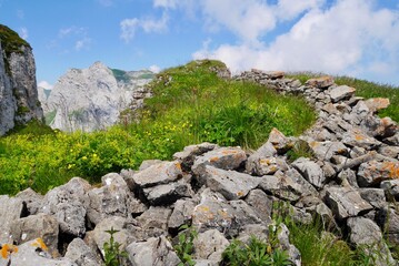 Stone wall in Alpstein region. St. Gallen, Switzerland.