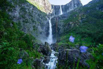 One of the highest waterfalls in Norway, Mardalsfossen, a summer landscape with a large waterfall