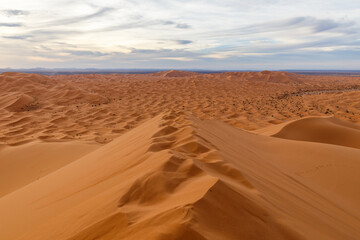 Fototapeta na wymiar Erg Chebbi. Sand dunes at sunset, beautiful landscape. Sahara Desert. Morocco
