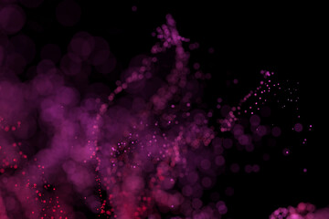 3D Render of many small ultraviolet particles flying on black festive background. Trendy backdrop for your design. Three-dimensional illustration