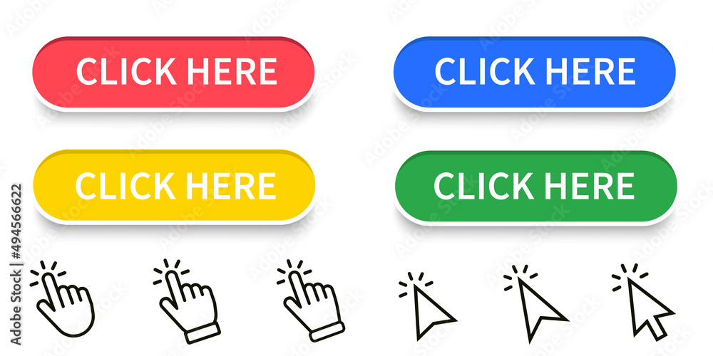 Leinwandbilder Click Here Button with hand or mouse cursor. Click button. Modern action button. Computer mouse cursor or hand pointer symbol. Set for button website design