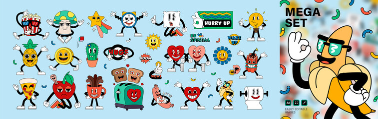 Mega set retro cartoon stickers with funny comic characters, gloved hands. Contemporary illustration with cute comic book characters. Hand drawn doodle comic characters. Contemporary cartoon style set - obrazy, fototapety, plakaty