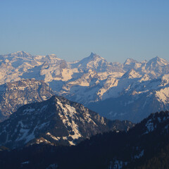 Fototapeta na wymiar Alpstein Range and other high mountains seen from Mount Rigi, Switzerland.