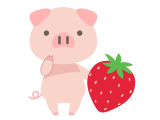 いちごと可愛い子ぶたのイラスト