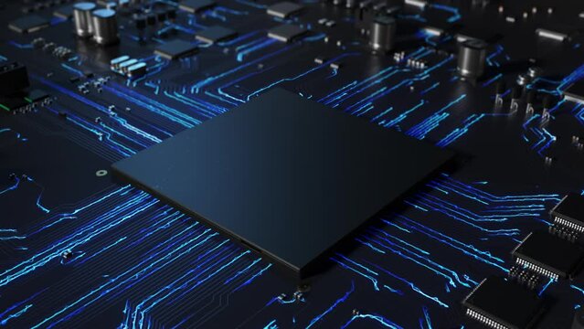 Central processor on a printed circuit board dynamic 3d animation . concept of technology and computer engineering