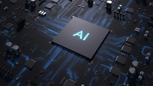 Central processor on a printed circuit board. the inscription on the chip artificial intelligence dynamic 3d animation . concept of technology and computer technology