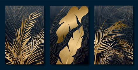 Black and white tropical background with golden palm leaves. Botanical art set with exotic plants for packaging, decor, wallpaper design