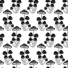 Magic mushrooms seamless pattern. Psychedelic hallucination. 60s hippie colorful art. Vintage psychedelic textile, fabric, wrapping, wallpaper. Vector repeating illustration.