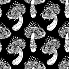 Magic mushrooms seamless pattern. Psychedelic hallucination. 60s hippie colorful art. Vintage psychedelic textile, fabric, wrapping, wallpaper. Vector repeating illustration.