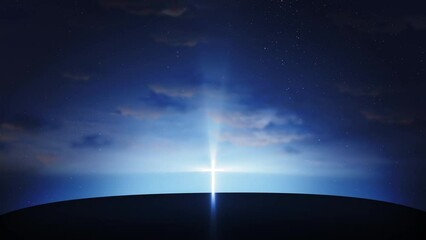 Bright cross on the hill with clouds moving on blue starry sky. Easter, resurrection, new life, redemption concept. Seamless looping background 4k
