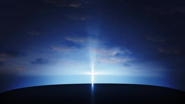 Bright cross on the hill with clouds moving on blue starry sky. Easter, resurrection, new life, redemption concept. Seamless looping background 4k