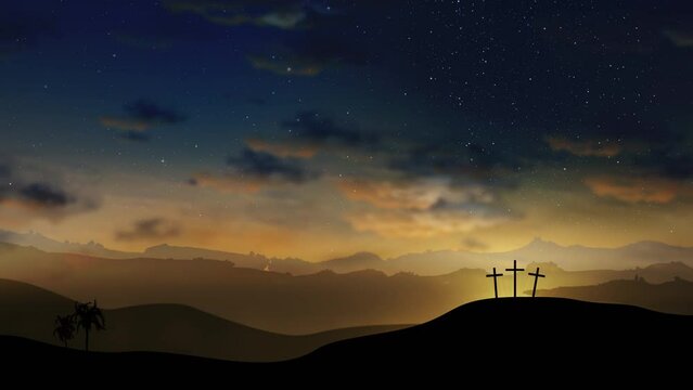 Three crosses on the hill with clouds moving on the starry sky. Easter, resurrection, new life, redemption concept. Seamless looping background 4k