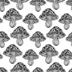 Fototapeta premium Magic mushrooms seamless pattern. Psychedelic hallucination. 60s hippie colorful art. Vintage psychedelic textile, fabric, wrapping, wallpaper. Vector repeating illustration.