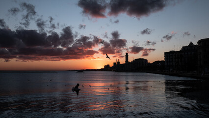 Bari, Crepuscolo Lungomare all'alba, sorgere del sole, silhouette profilo con il volo dei gabbiani...