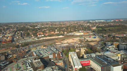 an aerial View of British Town and Buildings at Sunset Time, drone's footage