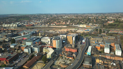an aerial View of British Town and Buildings at Sunset Time, drone's footage