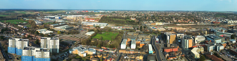 an aerial View of British Town and Buildings at Sunset Time, drone's footage