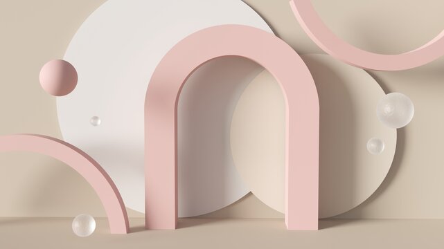 Trendy Abstract 3D Render Beige And Pink Background With Arch And Spheres