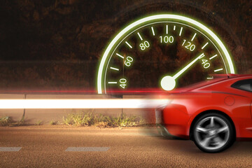 Auto rojo a máxima Velocidad con alto rendimiento espectro de luces del Faro HD - obrazy, fototapety, plakaty