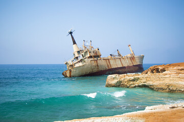 Aerial view of abandoned ship wreck EDRO III in Pegeia, Paphos, Cyprus. The rusty shipwreck is...
